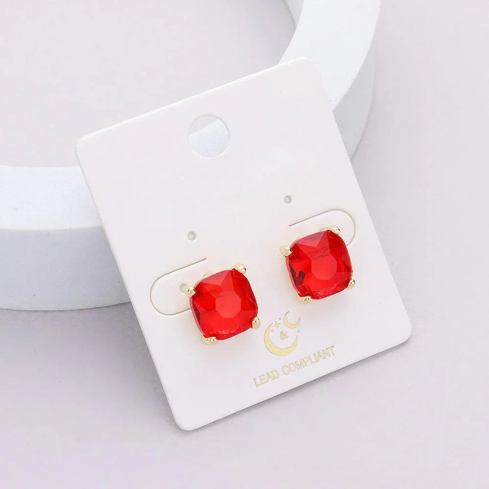 Red Cushion Square Stone Stud Evening Earrings - Jewelry Store by Erik Rayo