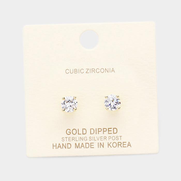 Silver Gold Dipped 6mm Cubic Zirconia Round Stud Earrings