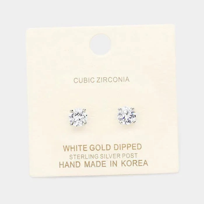 Clear White Gold Dipped 6mm Cubic Zirconia Round Stud Earrings - Jewelry Store by Erik Rayo