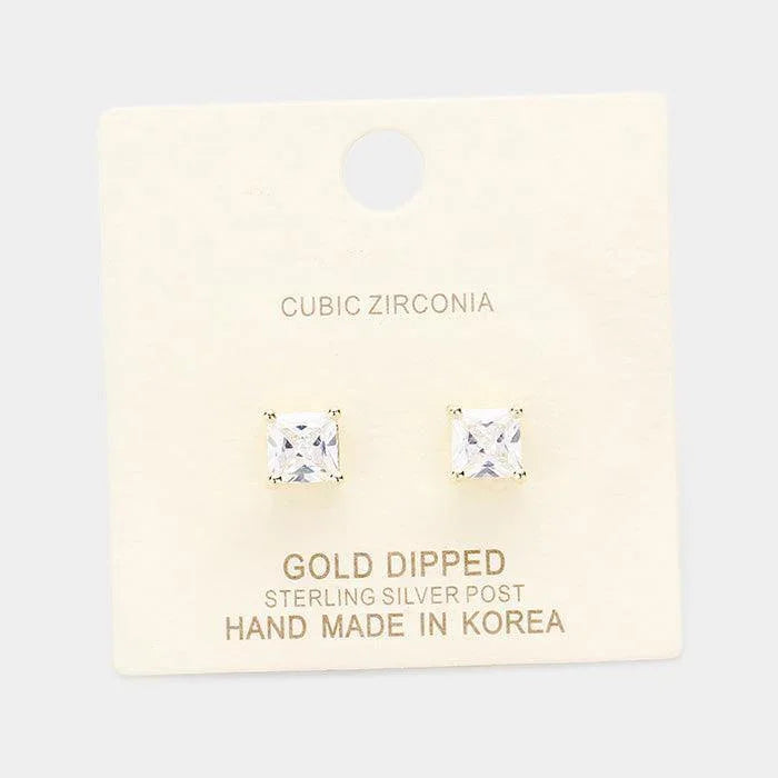 Silver Gold Dipped 6mm Cubic Zirconia Square Stud Earrings - Jewelry Store by Erik Rayo