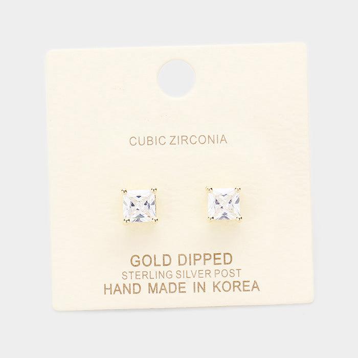 Silver Gold Dipped 6mm Cubic Zirconia Square Stud Earrings