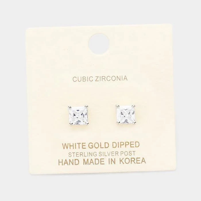 Silver White Gold Dipped 6mm Cubic Zirconia Square Stud Earrings - Jewelry Store by Erik Rayo
