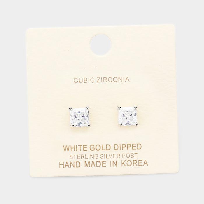 Silver White Gold Dipped 6mm Cubic Zirconia Square Stud Earrings