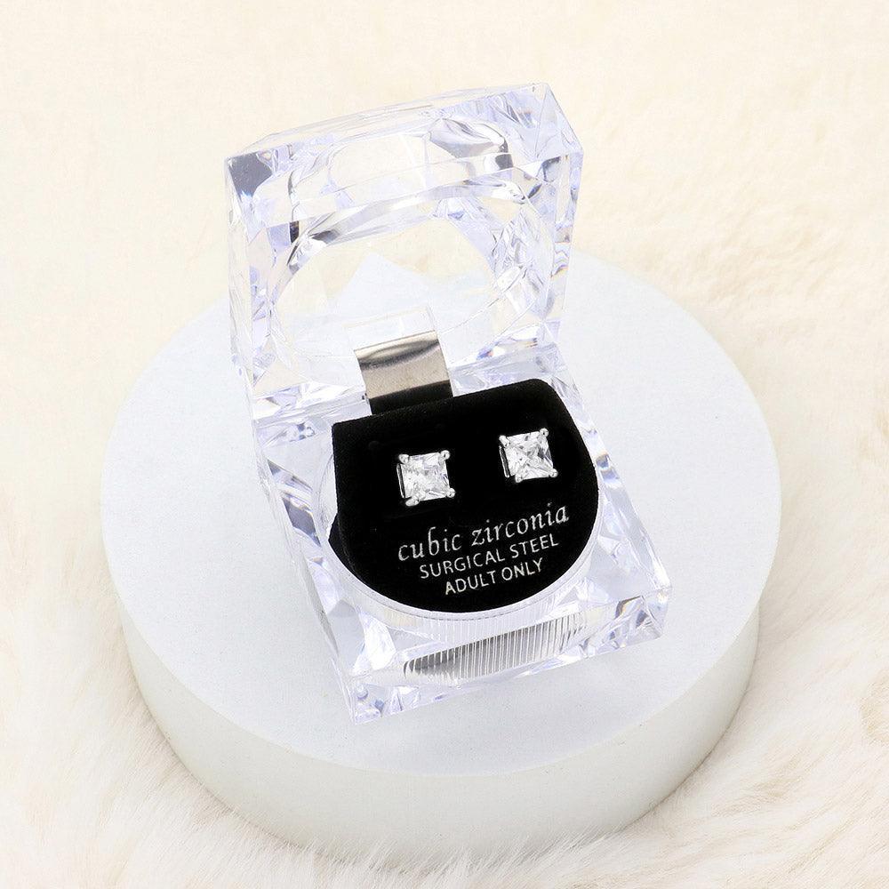 Silver 6mm Square Crystal Cubic Zirconia CZ Stud Earrings with Clear Box - Jewelry Store by Erik Rayo