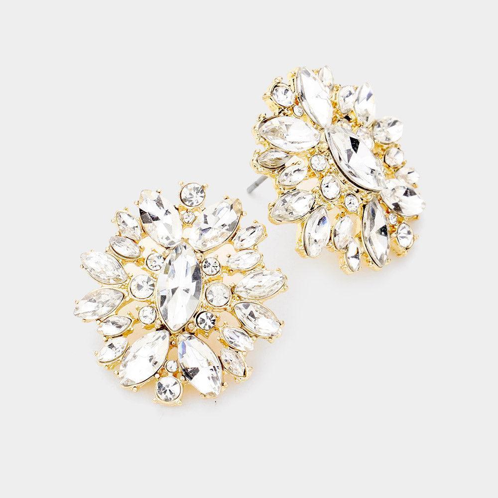 Gold Floral Round Marquise Stone Evening Stud Earrings - Jewelry Store by Erik Rayo