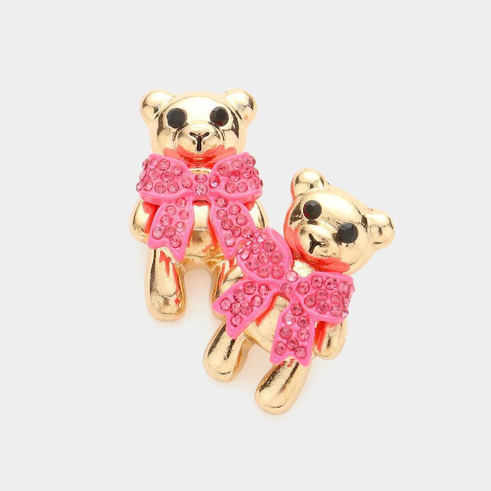 Pink Rhinestone Embellished Bow Bear Stud Earrings - Jewelry Store by Erik Rayo