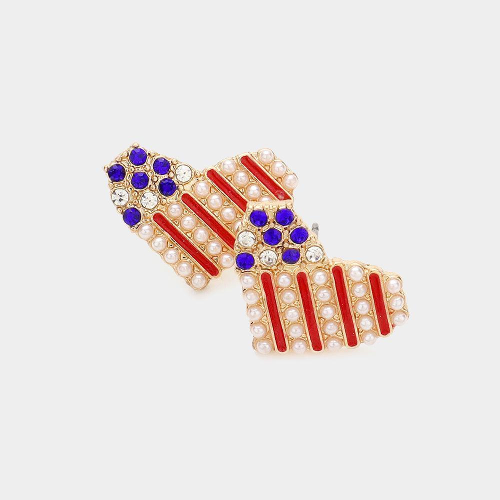 Stone Pearl Embellished American USA Flag Heart Stud Earrings - Jewelry Store by Erik Rayo