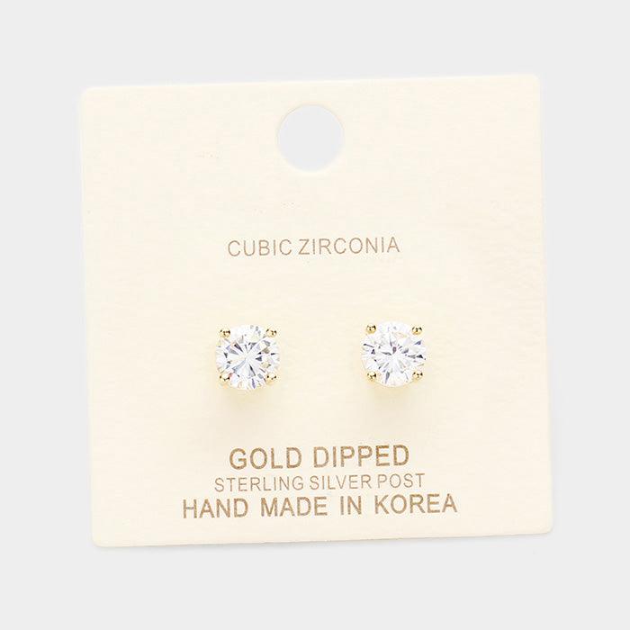 Silver Gold Dipped 7mm Cubic Zirconia Round Stud Earrings