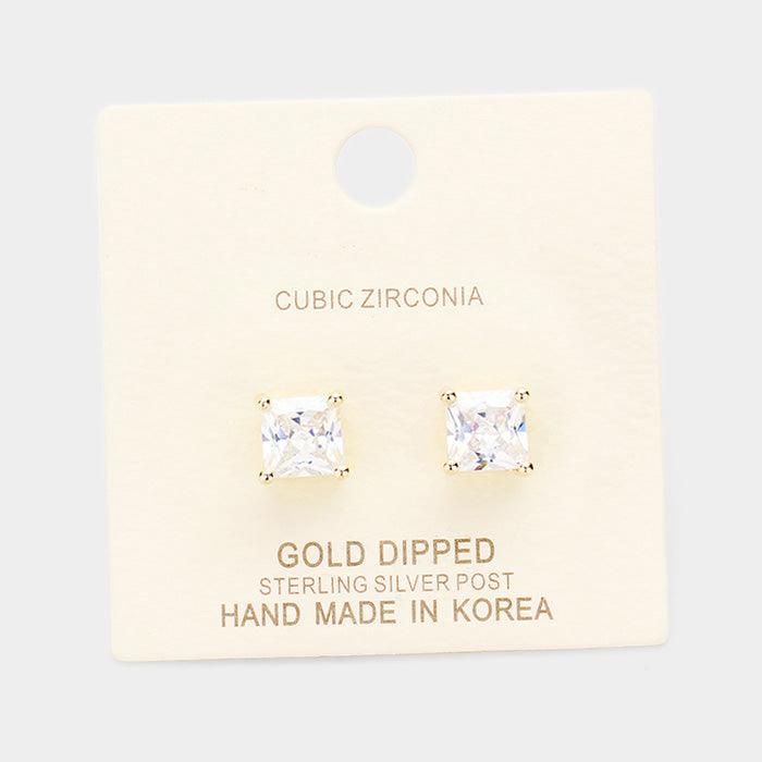 Silver Gold Dipped 7mm Cubic Zirconia Square Stud Earrings