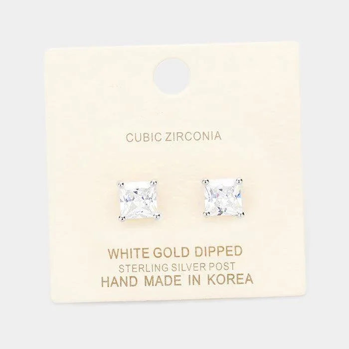 Silver White Gold Dipped 7mm Cubic Zirconia Square Stud Earrings - Jewelry Store by Erik Rayo