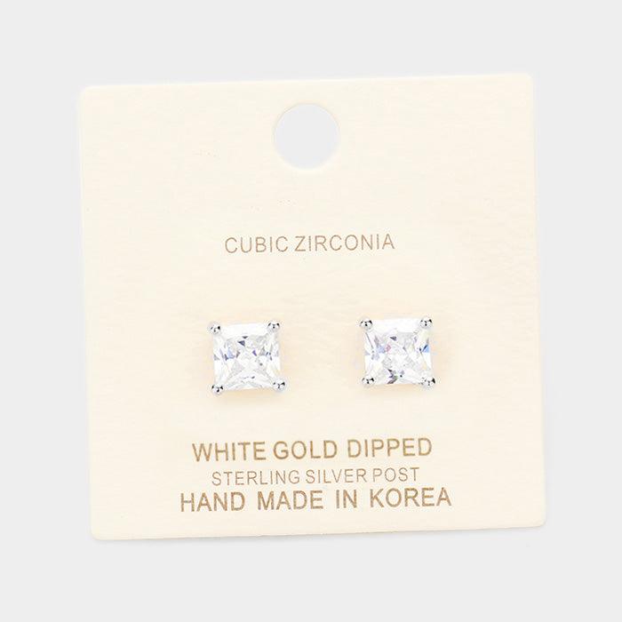 Silver White Gold Dipped 7mm Cubic Zirconia Square Stud Earrings