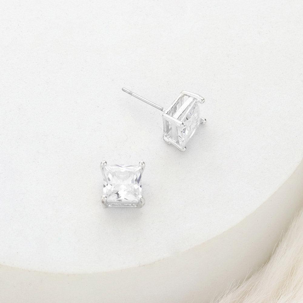 Silver 7mm Square Crystal Cubic Zirconia CZ Stud Earrings with Clear Box - Jewelry Store by Erik Rayo