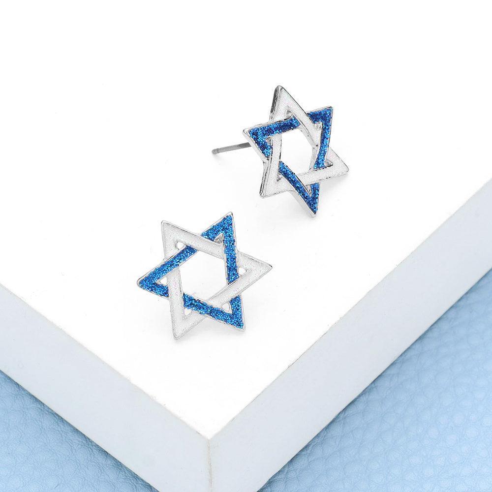White Glittered Star of David Hanukkah Stud Earrings - Jewelry Store by Erik Rayo