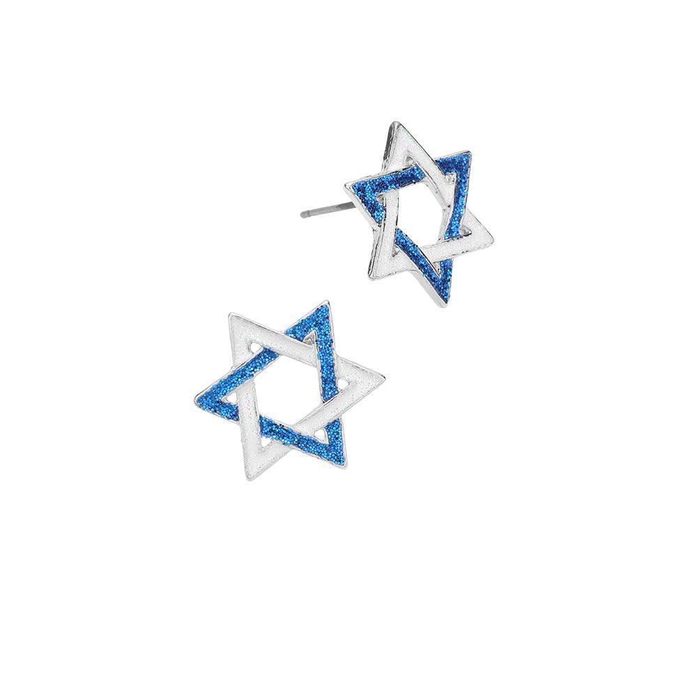 White Glittered Star of David Hanukkah Stud Earrings - Jewelry Store by Erik Rayo