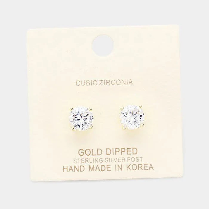 Silver Gold Dipped 8mm Cubic Zirconia Round Stud Earrings - Jewelry Store by Erik Rayo