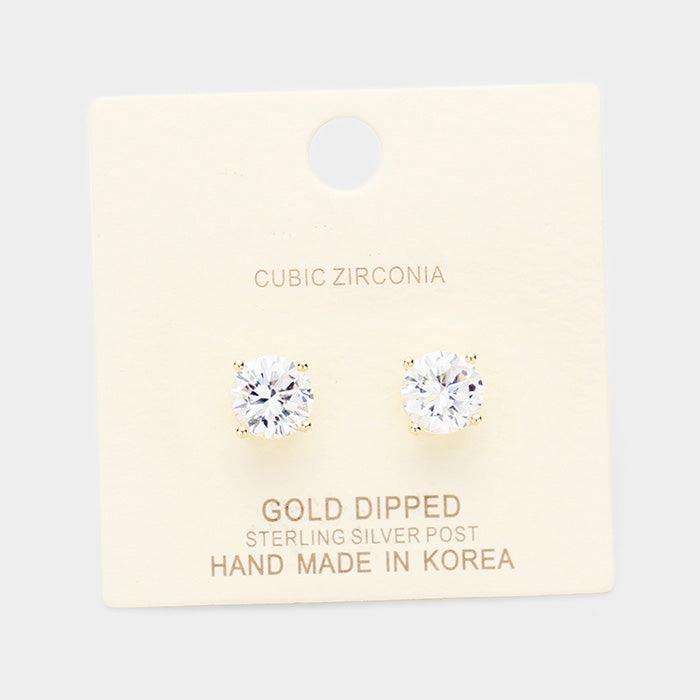 Silver Gold Dipped 8mm Cubic Zirconia Round Stud Earrings