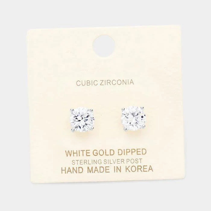 Clear White Gold Dipped 8mm Cubic Zirconia Round Stud Earrings - Jewelry Store by Erik Rayo