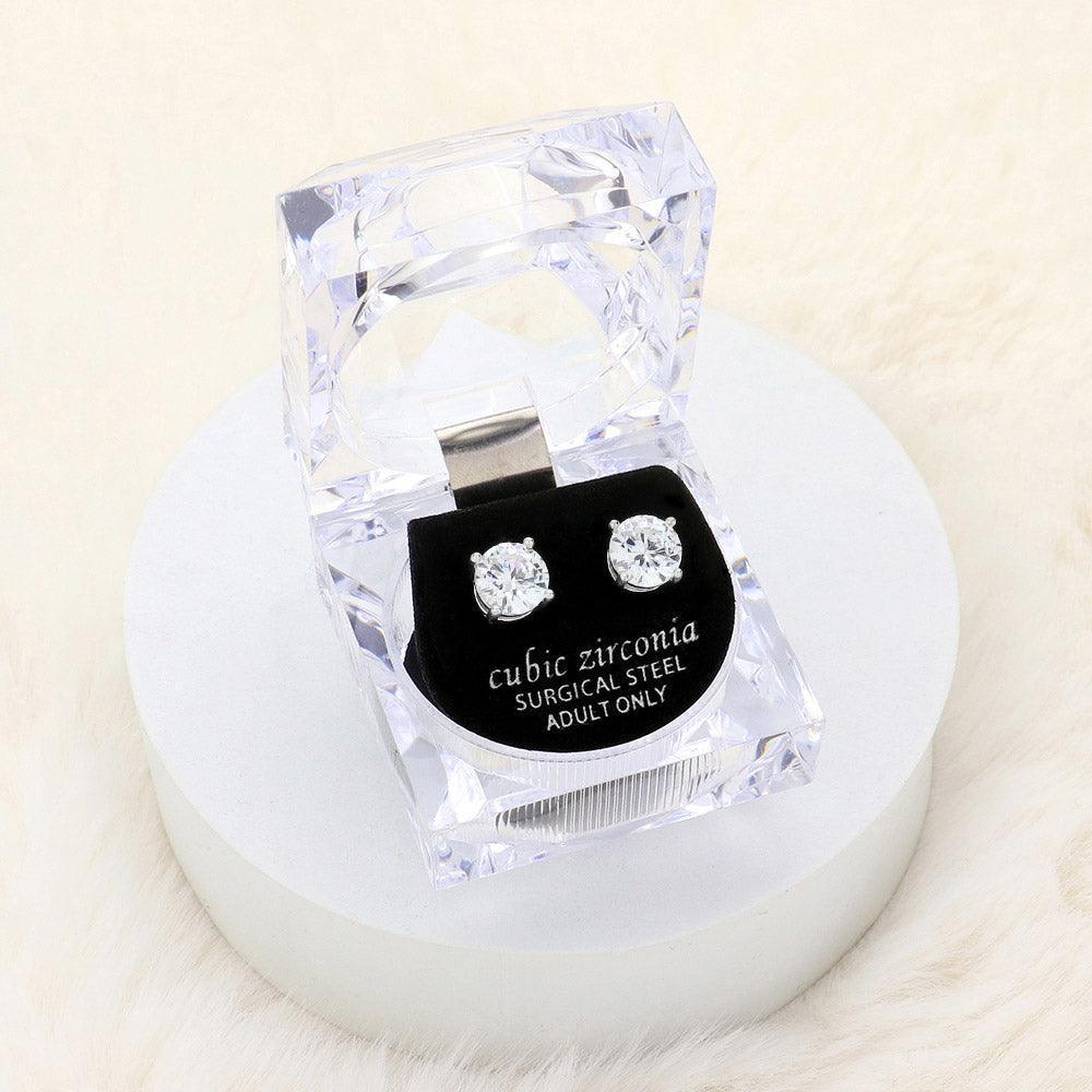Silver 8mm Round Cut Crystal Cubic Zirconia CZ Stud Earrings with Clear Box - Jewelry Store by Erik Rayo