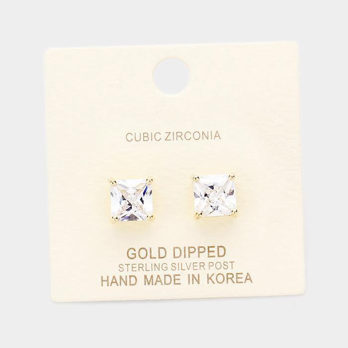 Silver Gold Dipped 8mm Cubic Zirconia Square Stud Earrings - Jewelry Store by Erik Rayo