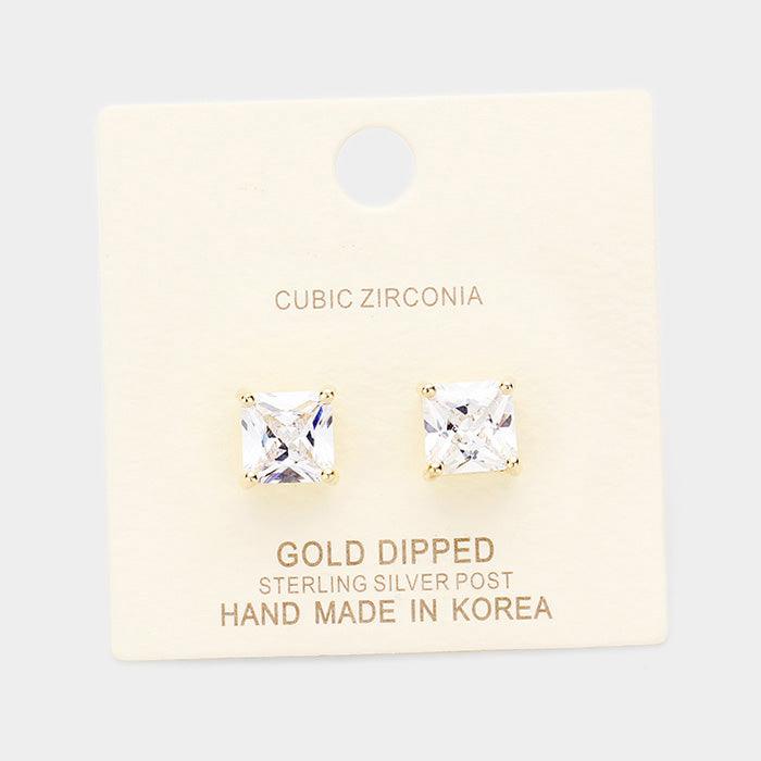 Silver Gold Dipped 8mm Cubic Zirconia Square Stud Earrings