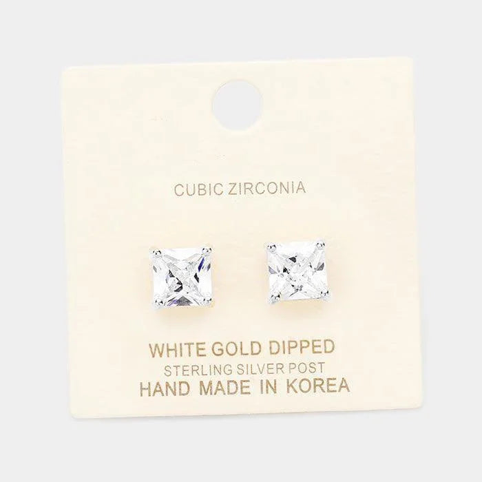 Silver White Gold Dipped 8mm Cubic Zirconia Square Stud Earrings - Jewelry Store by Erik Rayo