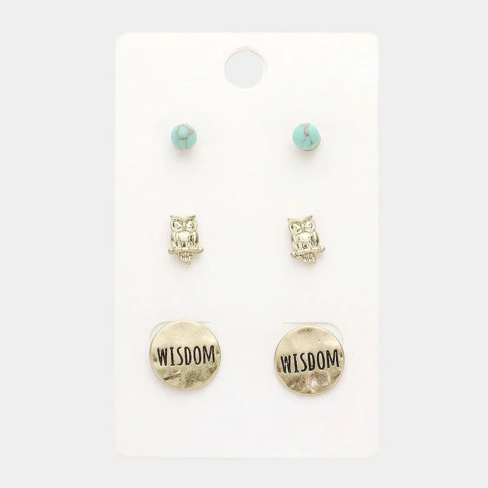 Turquoise 3Pairs - Turquoise Owl Wisdom Message Stud Earrings - Jewelry Store by Erik Rayo