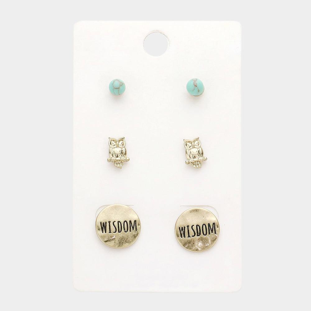 Turquoise 3Pairs - Turquoise Owl Wisdom Message Stud Earrings