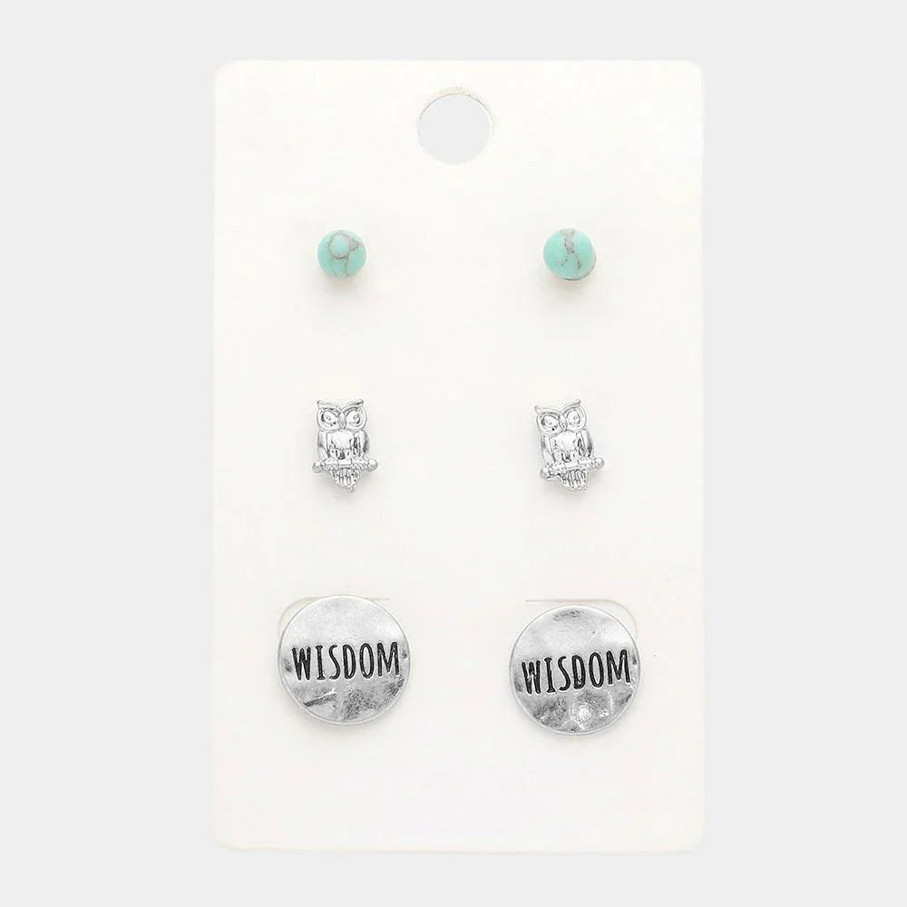 Turquoise 3Pairs - Turquoise Owl Wisdom Message Stud Earrings - Jewelry Store by Erik Rayo