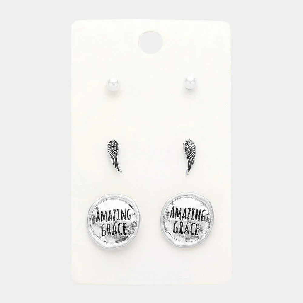 Silver 3Pairs - Pearl Wing AMAZING GRACE Message Stud Earrings - Jewelry Store by Erik Rayo