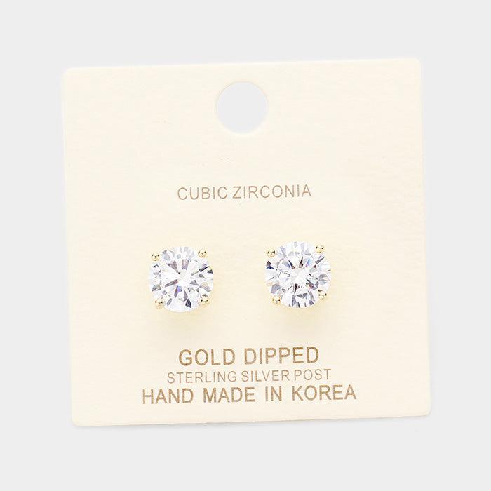 Silver Gold Dipped 9mm Cubic Zirconia Round Stud Earrings