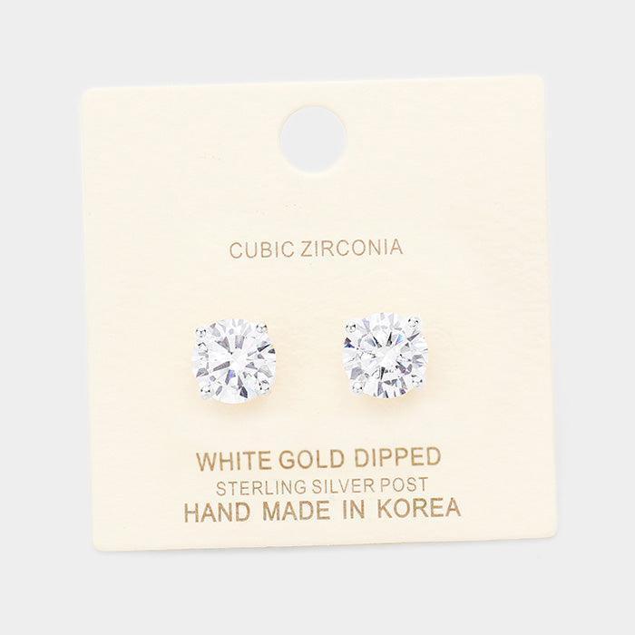 Clear White Gold Dipped 9mm Cubic Zirconia Round Stud Earrings - Jewelry Store by Erik Rayo