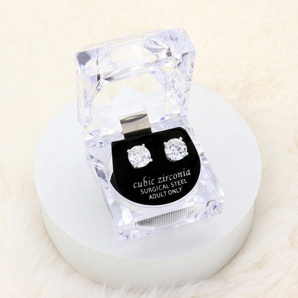 Silver 9mm Round Cut Crystal Cubic Zirconia CZ Stud Earrings with Clear Box - Jewelry Store by Erik Rayo