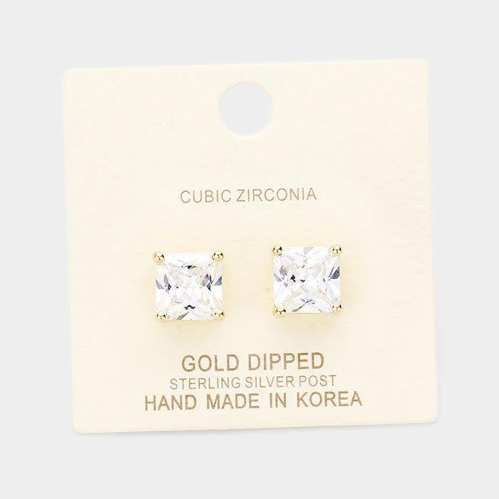 Silver Gold Dipped 9mm Cubic Zirconia Square Stud Earrings - Jewelry Store by Erik Rayo