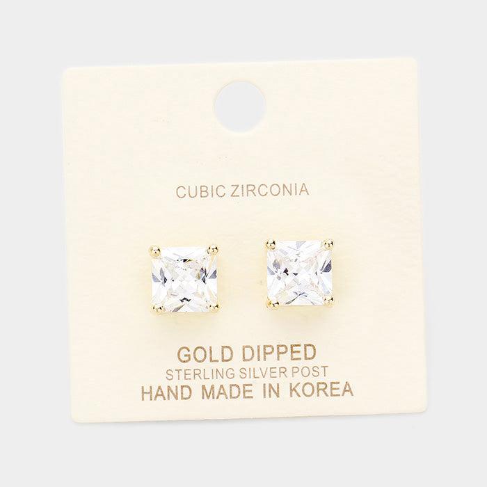 Silver Gold Dipped 9mm Cubic Zirconia Square Stud Earrings