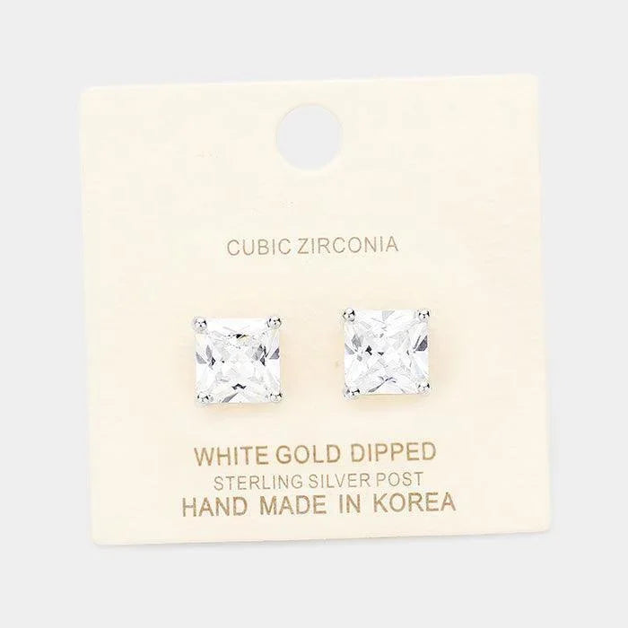 Silver White Gold Dipped 9mm Cubic Zirconia Square Stud Earrings - Jewelry Store by Erik Rayo