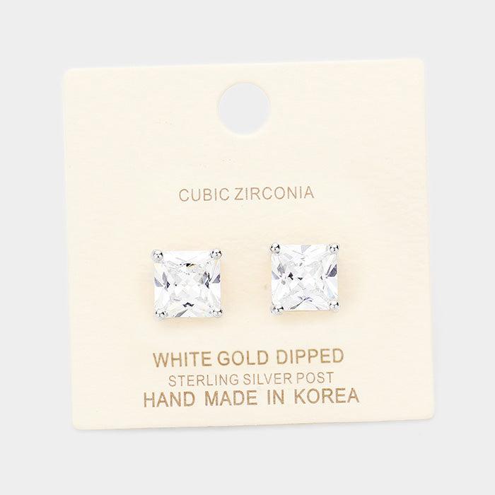 Silver White Gold Dipped 9mm Cubic Zirconia Square Stud Earrings