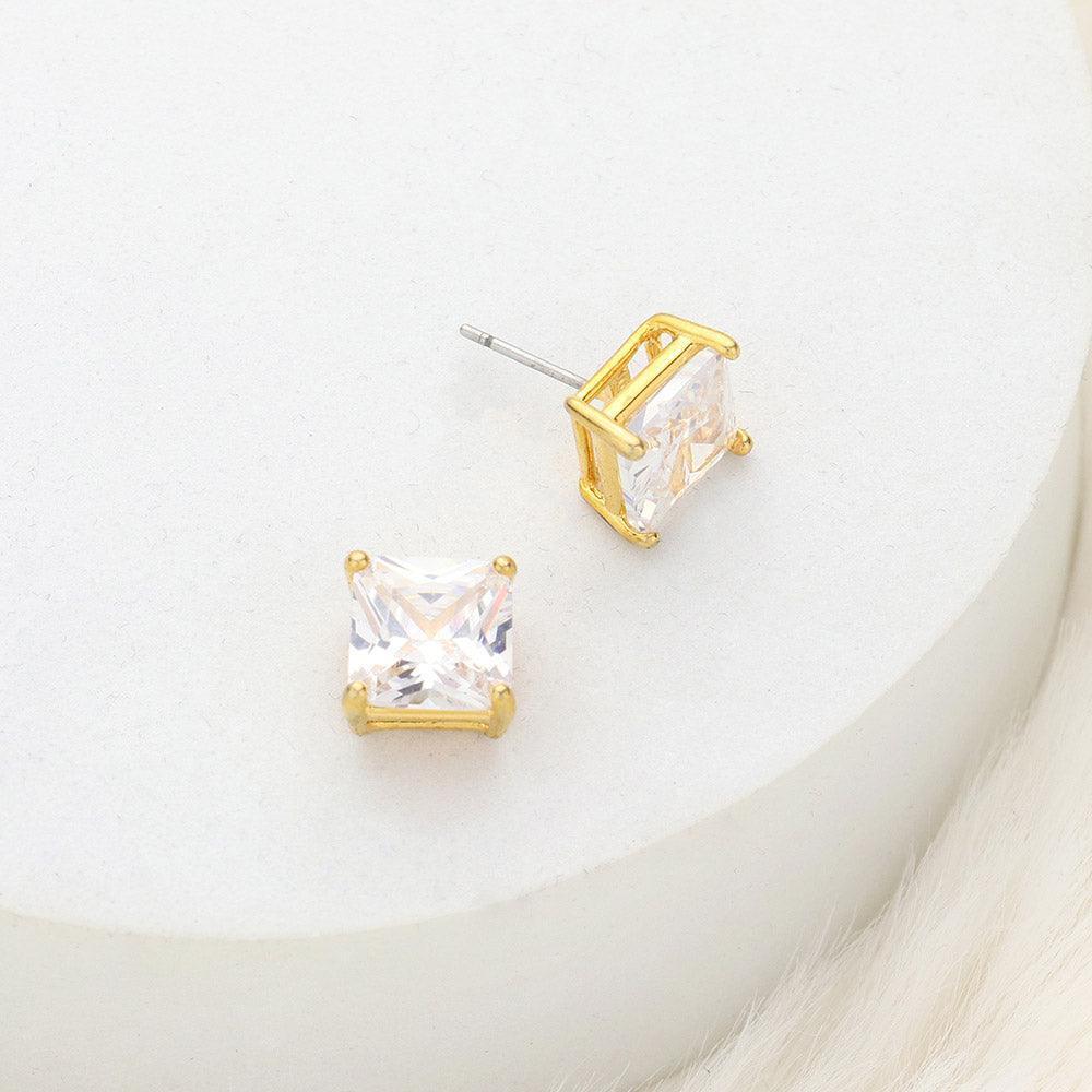 Gold 9mm Square Crystal Cubic Zirconia CZ Stud Earrings with Clear Box - Jewelry Store by Erik Rayo