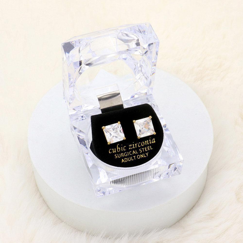 Gold 9mm Square Crystal Cubic Zirconia CZ Stud Earrings with Clear Box - Jewelry Store by Erik Rayo
