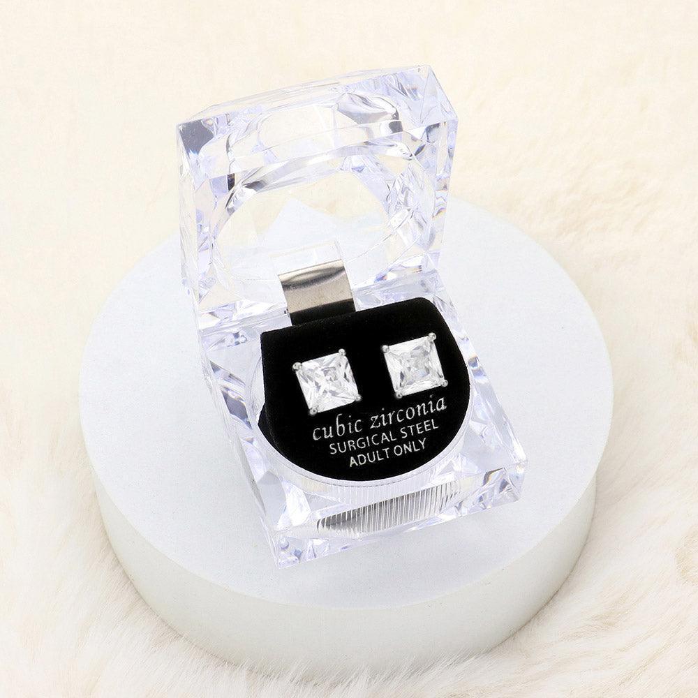 Silver 9mm Square Crystal Cubic Zirconia CZ Stud Earrings with Clear Box - Jewelry Store by Erik Rayo