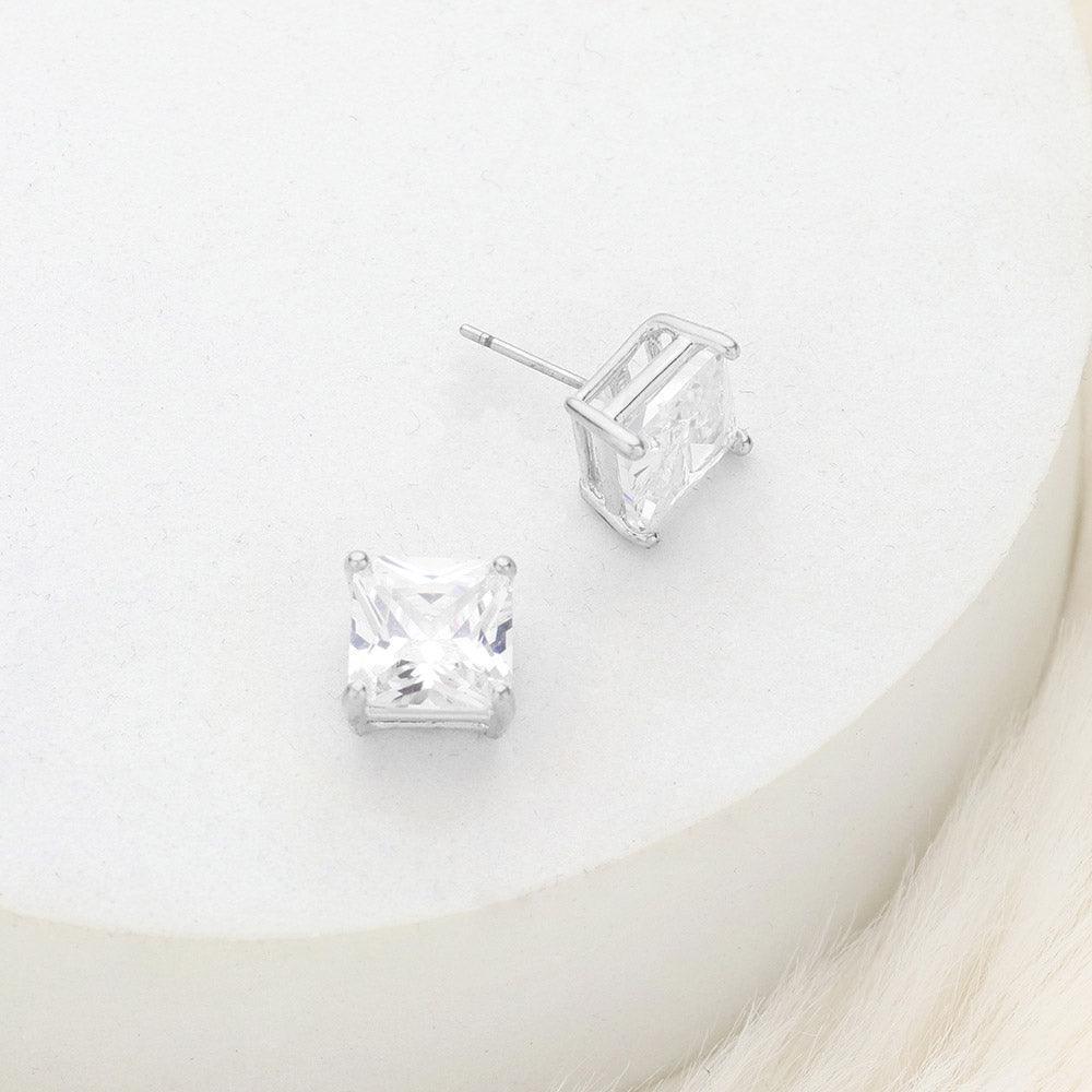 Silver 9mm Square Crystal Cubic Zirconia CZ Stud Earrings with Clear Box - Jewelry Store by Erik Rayo
