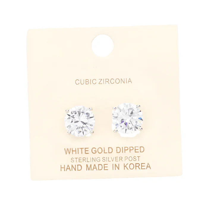Clear White Gold Dipped 10mm Cubic Zirconia Round Stud Earrings - Jewelry Store by Erik Rayo