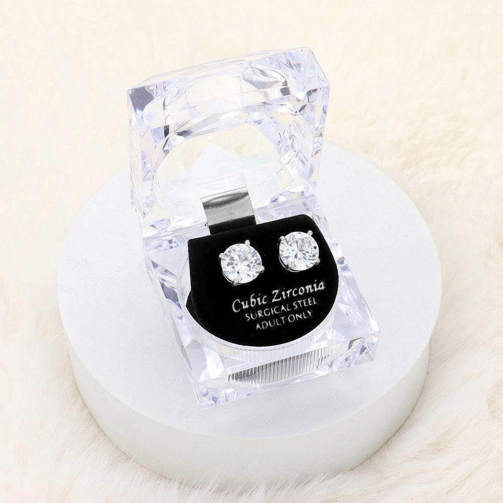 Silver 10mm Round Cut Crystal Cubic Zirconia CZ Stud Earrings with Clear Box - Jewelry Store by Erik Rayo