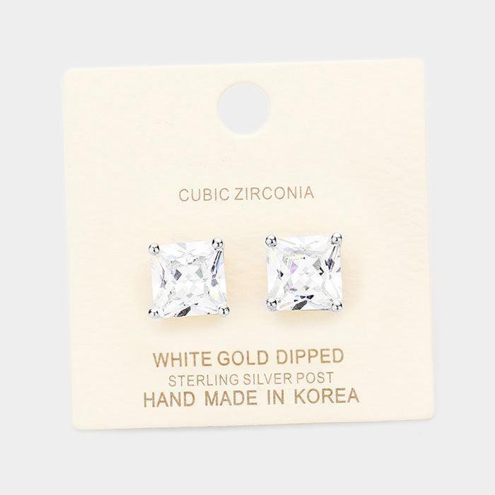 Clear White Gold Dipped 10mm Cubic Zirconia Square Stud Earrings - Jewelry Store by Erik Rayo