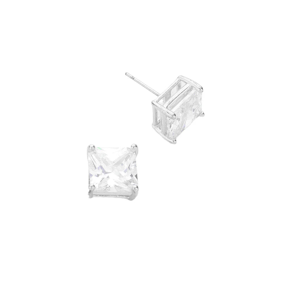 Silver 10mm Square Crystal Cubic Zirconia CZ Stud Earrings with Clear Box - Jewelry Store by Erik Rayo