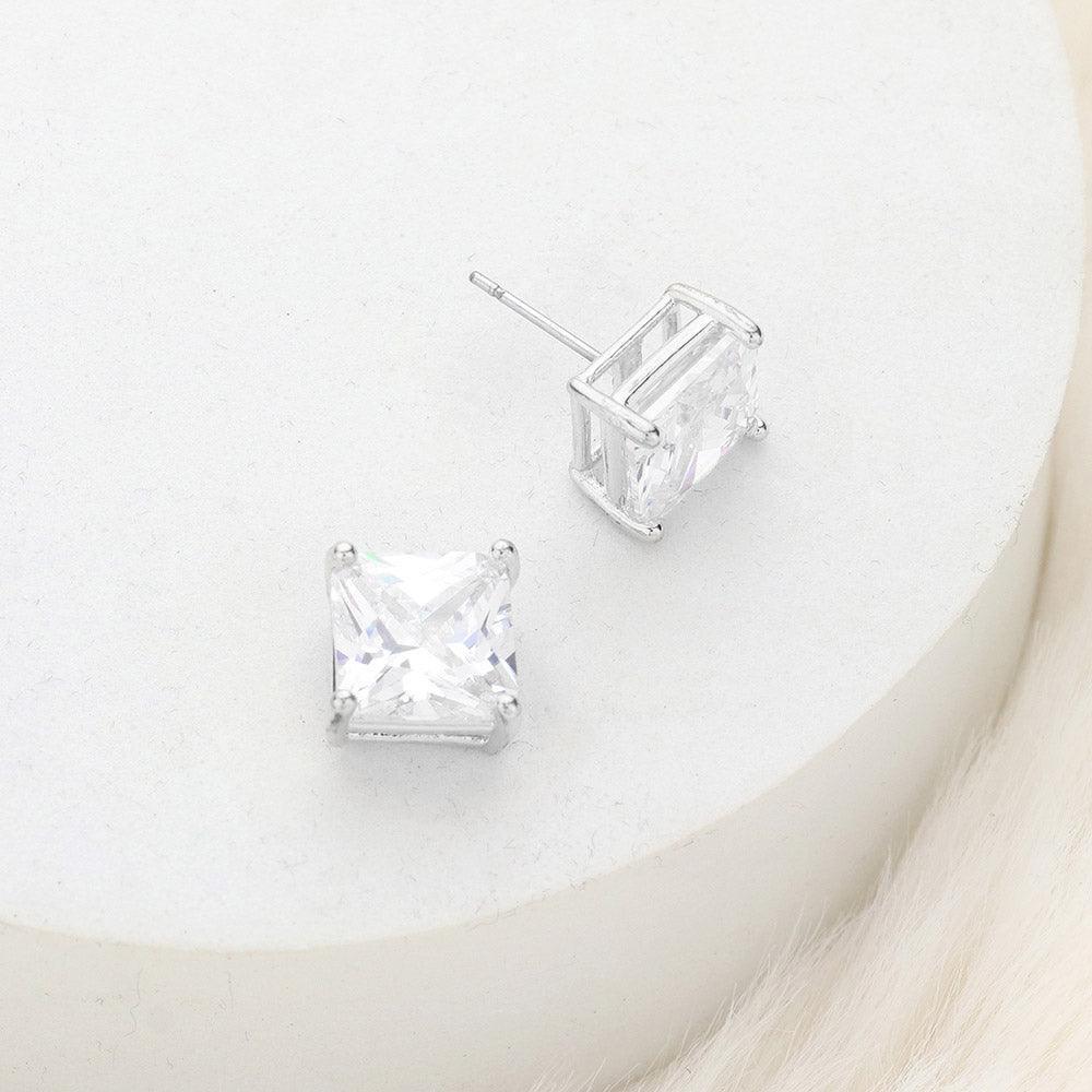 Silver 10mm Square Crystal Cubic Zirconia CZ Stud Earrings with Clear Box - Jewelry Store by Erik Rayo