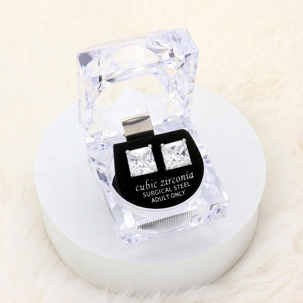 Silver 10mm Square Crystal Cubic Zirconia CZ Stud Earrings with Clear Box - Jewelry Store by Erik Rayo