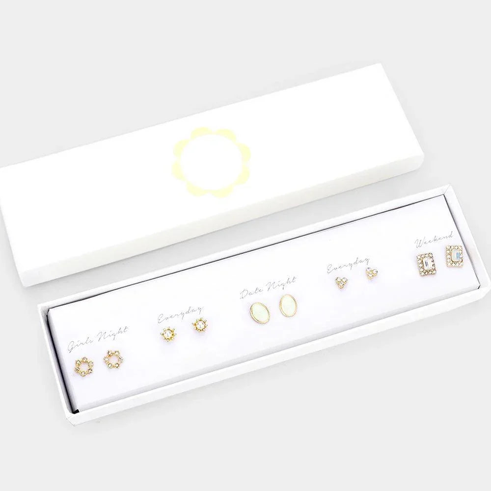 5Pairs - Pearl Enamel Oval Stone Embellished Rectangle Mixed Stud Earrings - Jewelry Store by Erik Rayo