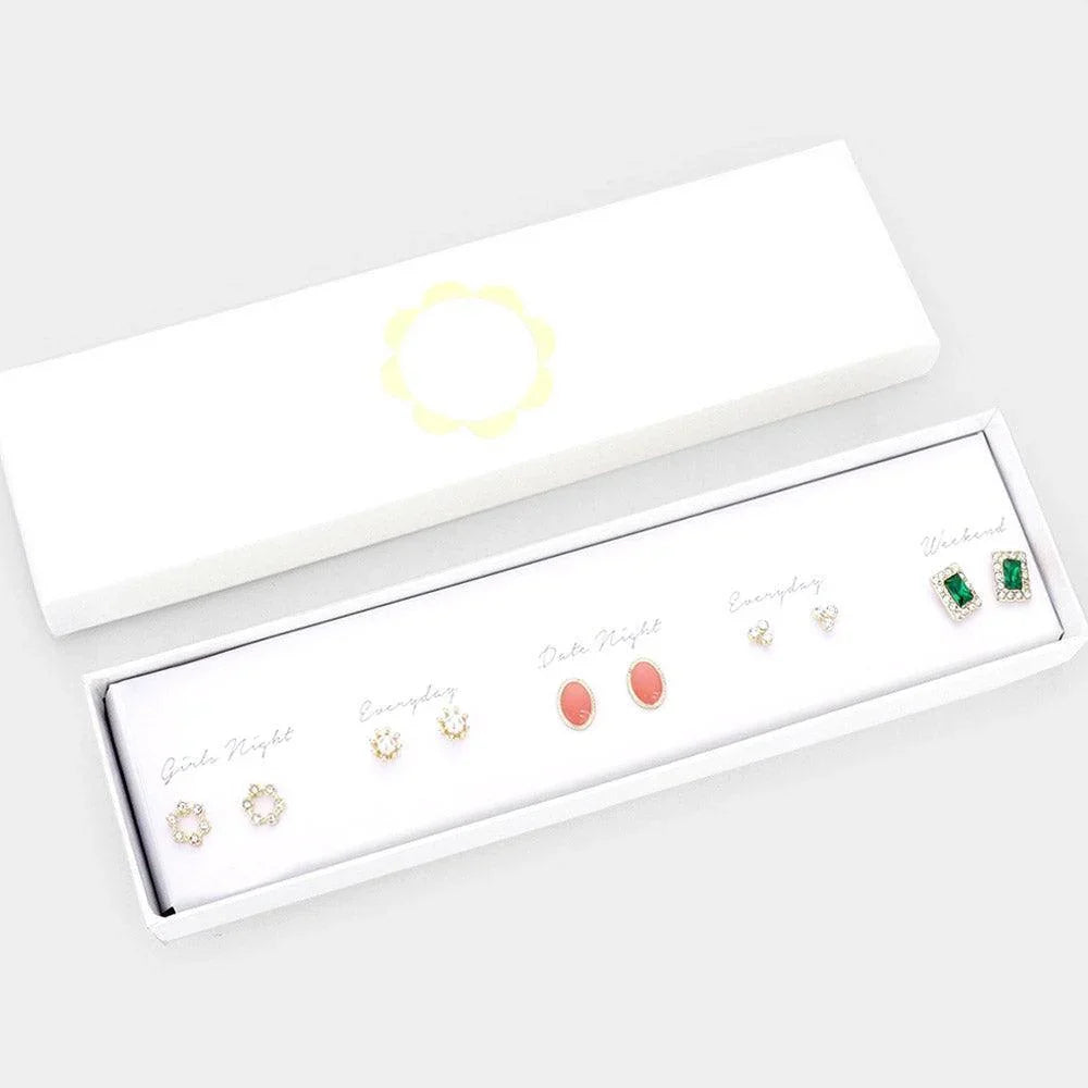 5Pairs - Pearl Enamel Oval Stone Embellished Rectangle Mixed Stud Earrings - Jewelry Store by Erik Rayo