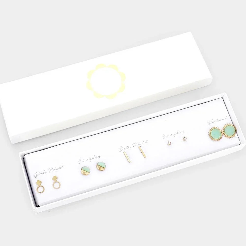 5Pairs - Geometric Metal Natural Stone Round Mixed Stud Earrings - Jewelry Store by Erik Rayo