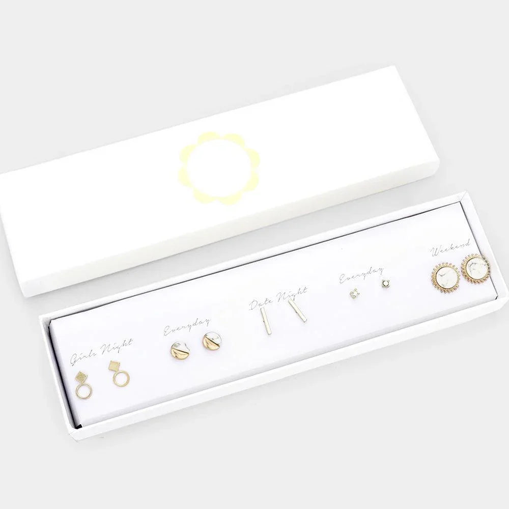 White 5Pairs - Geometric Metal Natural Stone Round Mixed Stud Earrings - Jewelry Store by Erik Rayo